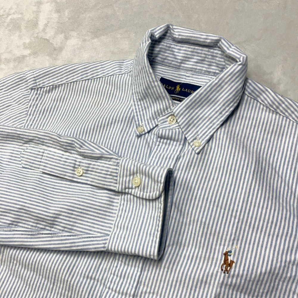 Polo Ralph Lauren Shirt Mens Medium Blue White Striped Oxford OCBD Flesh Pony